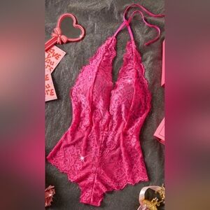2/$40 Barbiecore Sexy Sheer Lace‎ Meangirls Pink Halter Bodysuit-(#1,418)